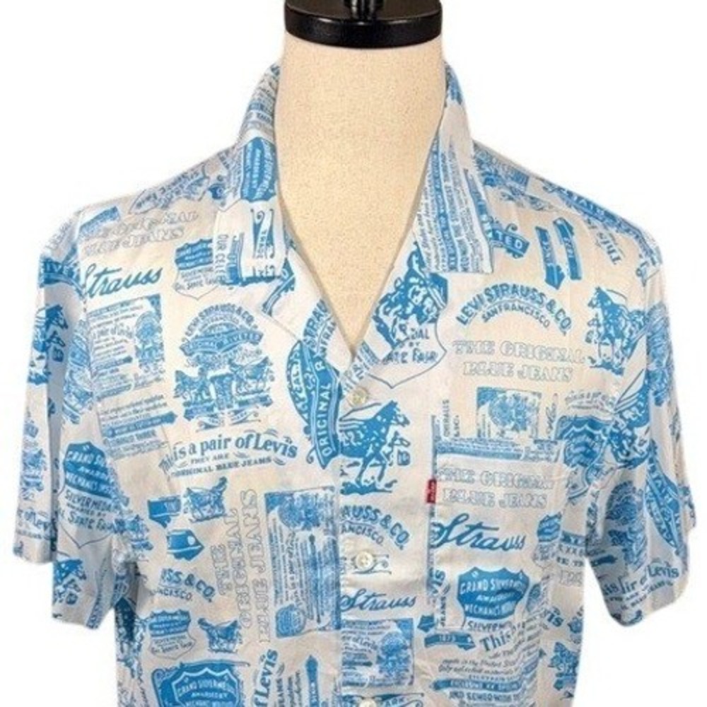 Levis Relaxed Fit Lyocell Vintage Print Button Down Shirt Mens Large Blue White